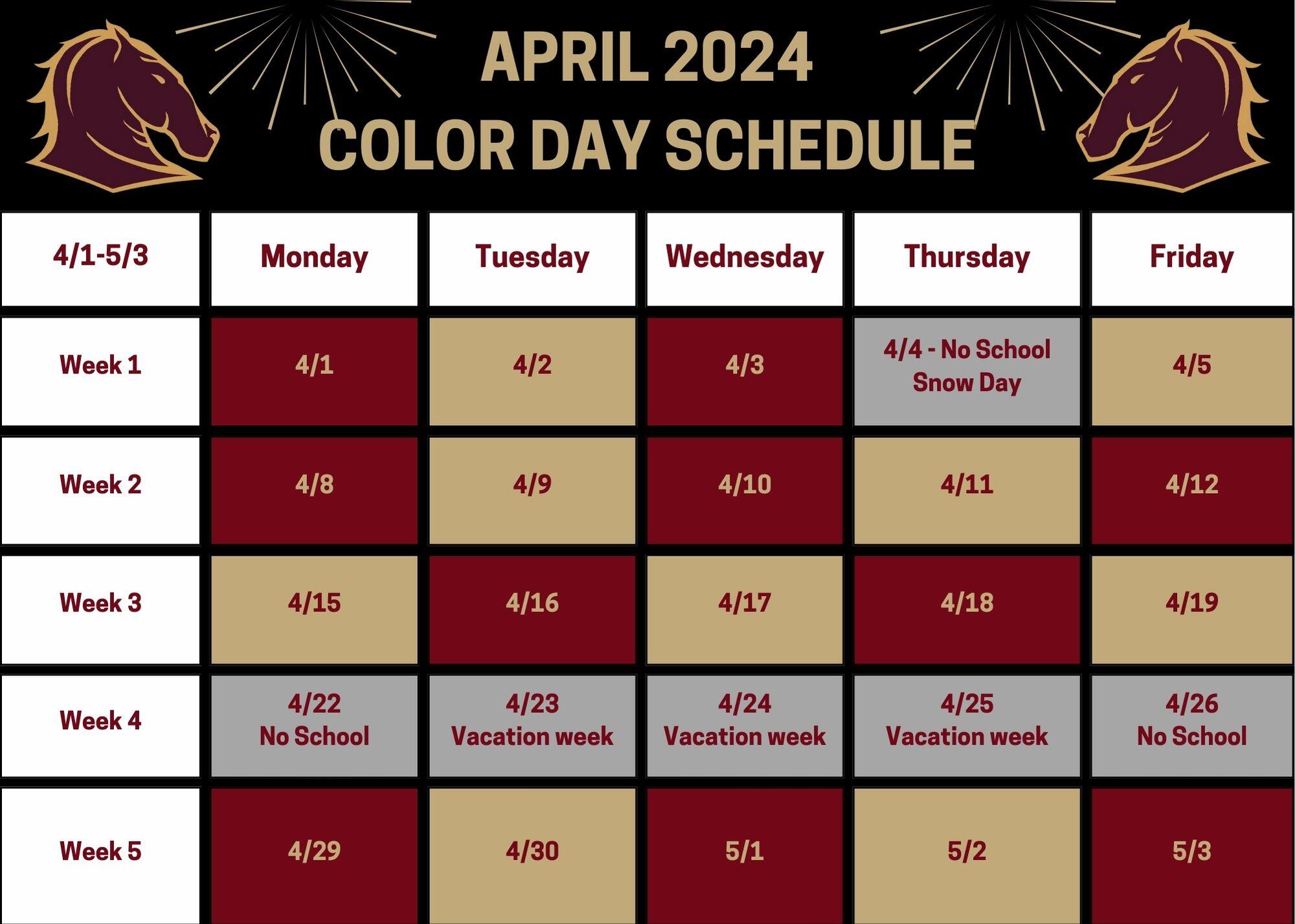 March 2024 Color Day Calendar, Alternating maroon and gold days.