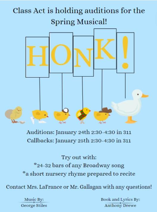 Graphic image with light blue background and small chicks walking behind a duck across the page. Above the chicks are the letters on signs that spell out the word Honk with an exclamation point at the end. The graphic includes all of the tryout and call back information that is included on the static webpage.