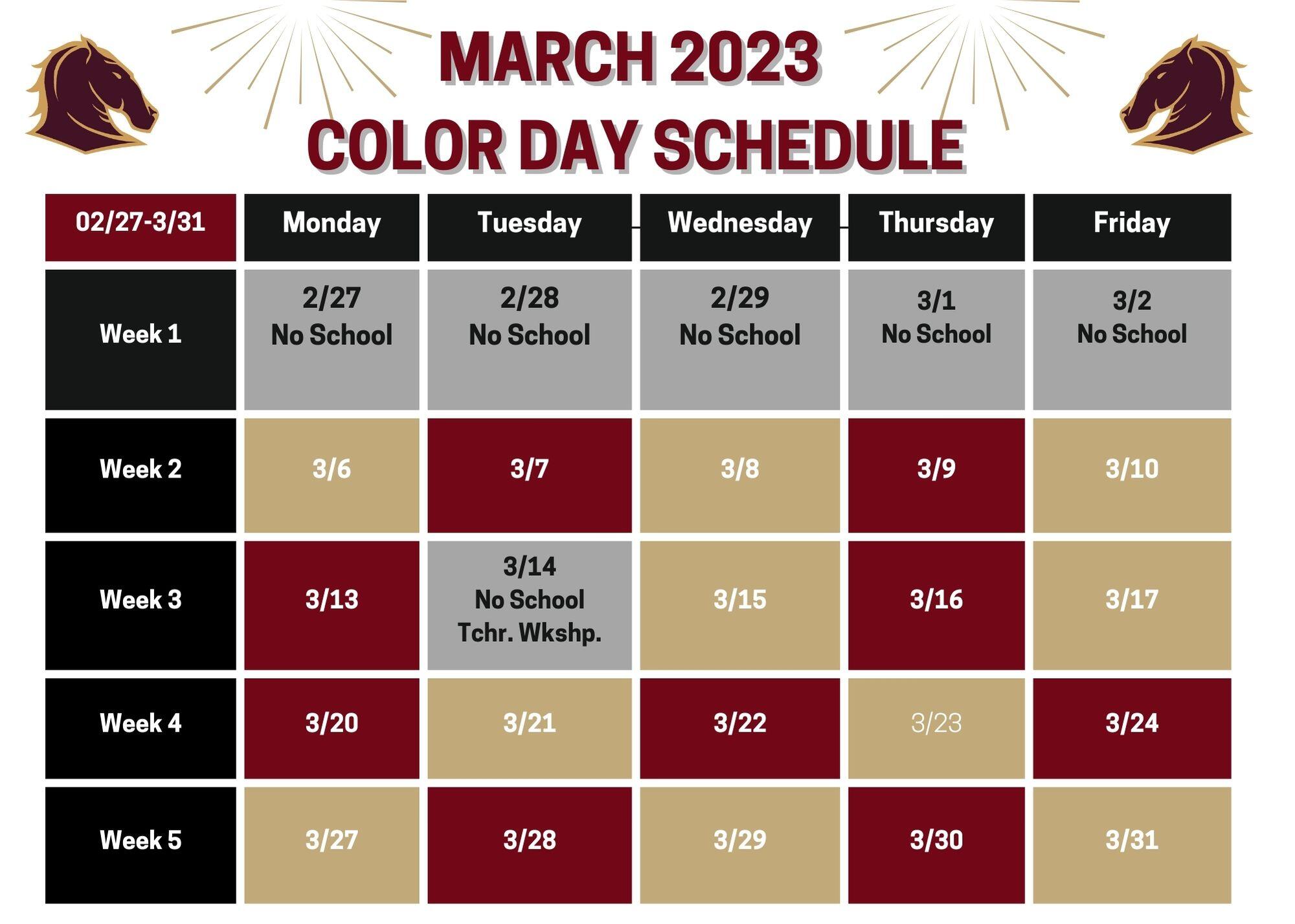January 2023 Color Day Calendar, Alternating maroon and gold days with 10/3 being maroon and alternating from that date. No school 10/10 so the alternating colors skip that day and continue on.