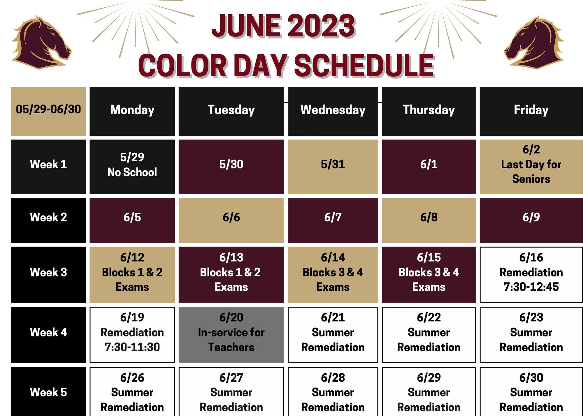 June 2023 Color Day Calendar, Alternating maroon and gold days with 10/3 being maroon and alternating from that date. No school 10/10 so the alternating colors skip that day and continue on.