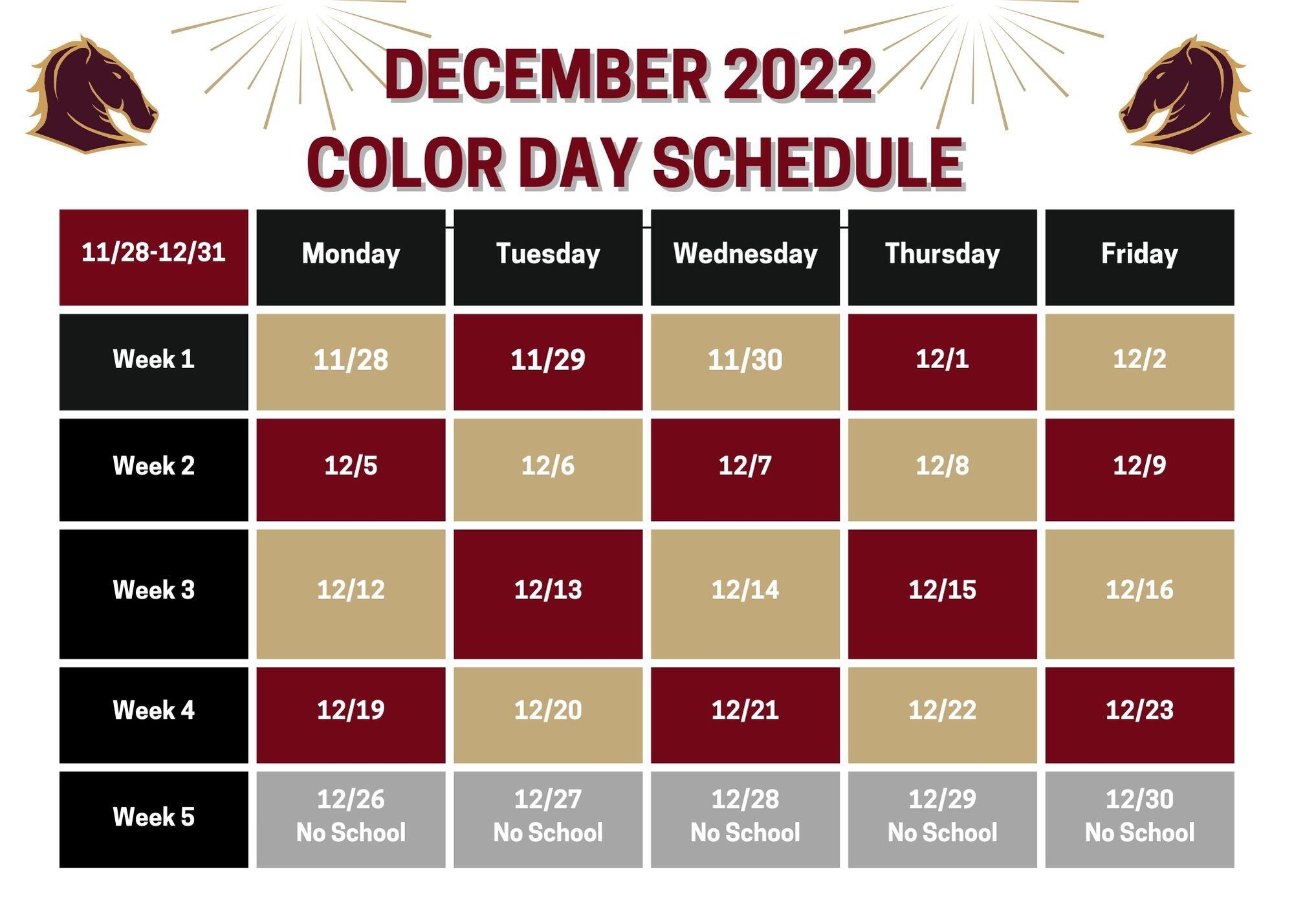 December 2022 Color Day Calendar, Alternating maroon and gold days with 10/3 being maroon and alternating from that date. No school 10/10 so the alternating colors skip that day and continue on.