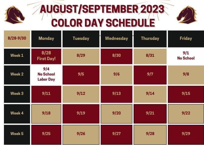 September 2023 Color Day Calendar, Alternating maroon and gold days.