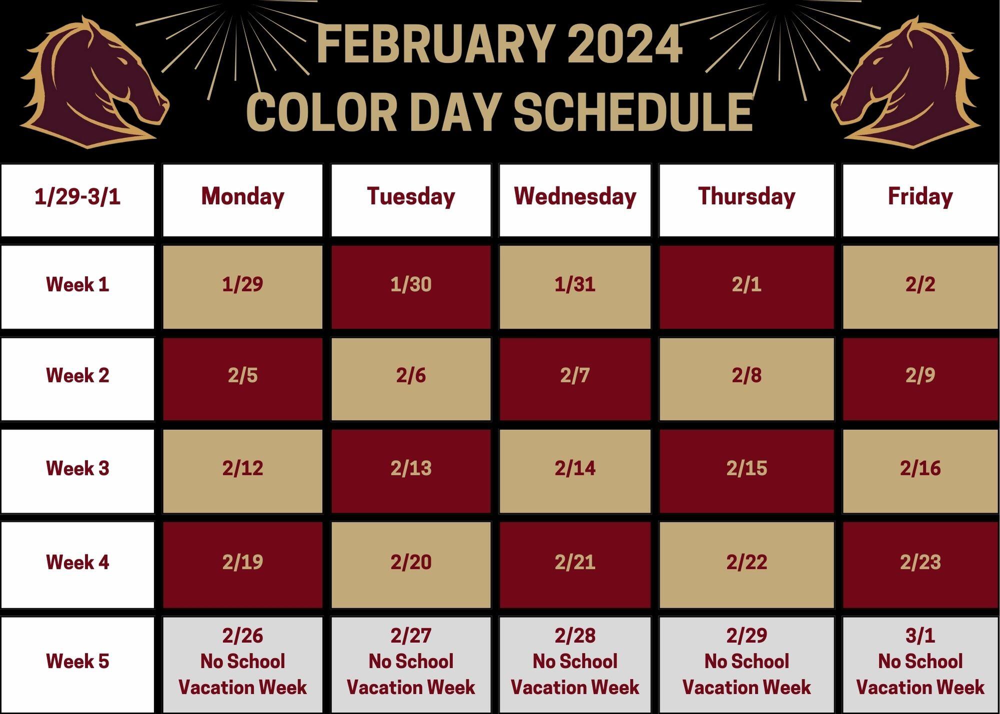 February 2024 Color Day Calendar, Alternating maroon and gold days.