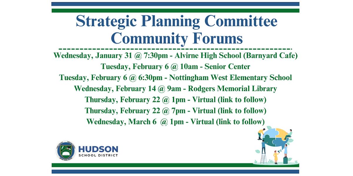 Strategic Planning Committee Community Forums - Dates and time of forums with graphic of a puzzle globe and people putting pieces together.