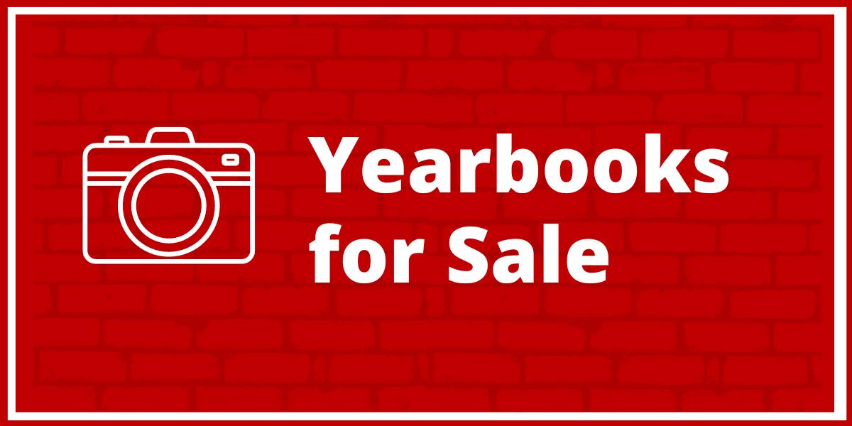 Red graphic with an icon of a camera and text "yearbooks for sale"