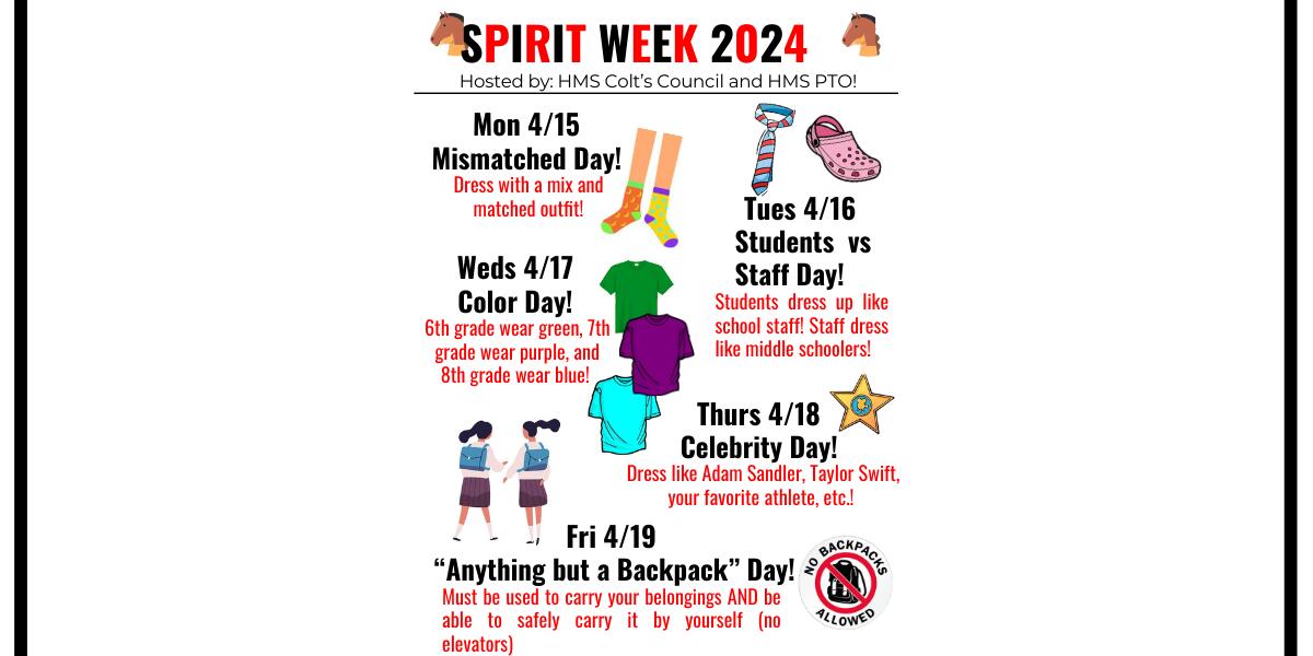 Spirit Week Flyer - Graphic of each day's events April 15-19, 2024.