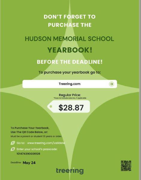 Green graphic of HMS Yearbook on sale.  Deadline to order is May 24.  Cost is $28.87 and ordering is through Treering.com/validate and use code 101474390026128